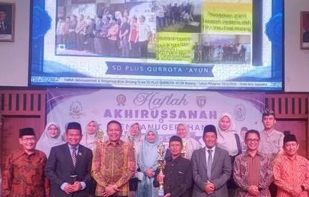 Wali Kota Malang Wahyu Hidayat saat menghadiri Haflah Akhirusanah dan Penganugerahan Bintang Siswa Angkatan XIV Tahun Ajaran 2025/2026 SD Plus Qurrota A’yun di Hotel Aria Gajayana Malang, Minggu (21/6/2026). (foto: prokopim)